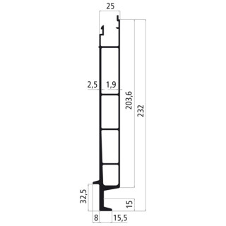 Aluminium Profil 25er SL, 232er Unterteil Stirnwand, eloxiert, gefräst und gebohrt gemäß Zeichnung 08 305 31, Fixlänge 2240 mm