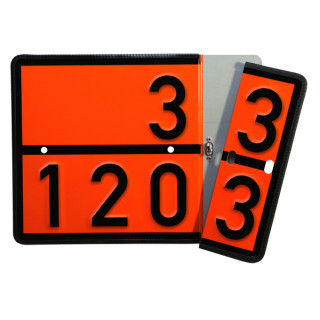 Zweistofftafel starr, mit Prägung 33/1203 bzw. 30/1202, 400 × 300 mm, Stahlblech ohne Kantenschutz, mit Wechselleiste, Typ I, retroreflektierend RA1/A, orange mit schwarzem Rand